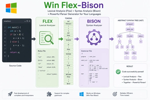 Win Flex-Bison is a Windows-native port of the well-known Unix development tools Flex and GNU Bison
